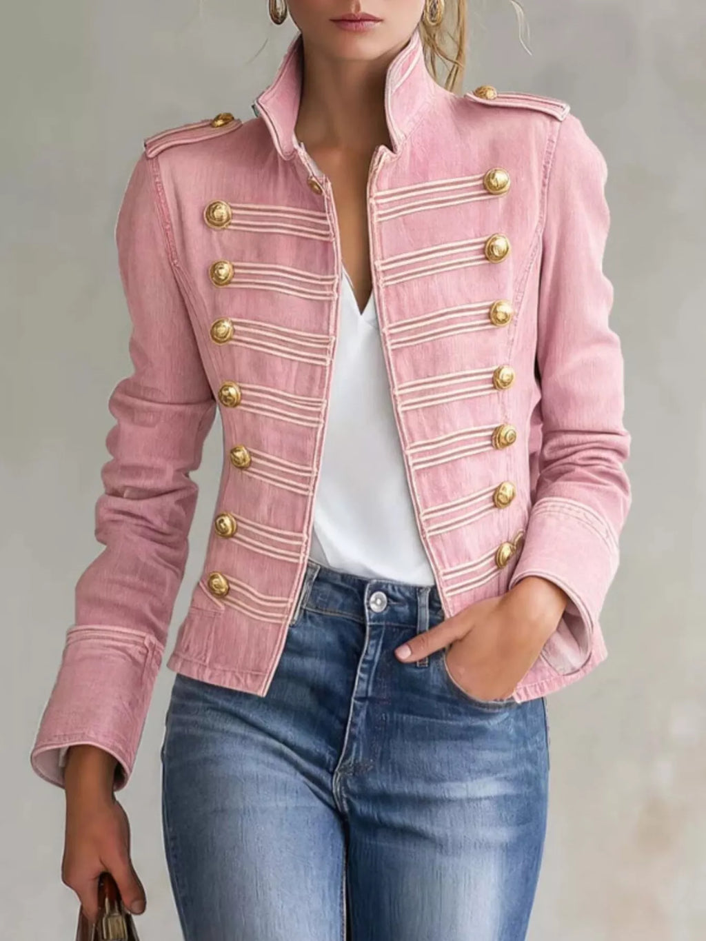 Military Denim Jacket with Gold Buttons by Belle Bijouix – view 1 of 5