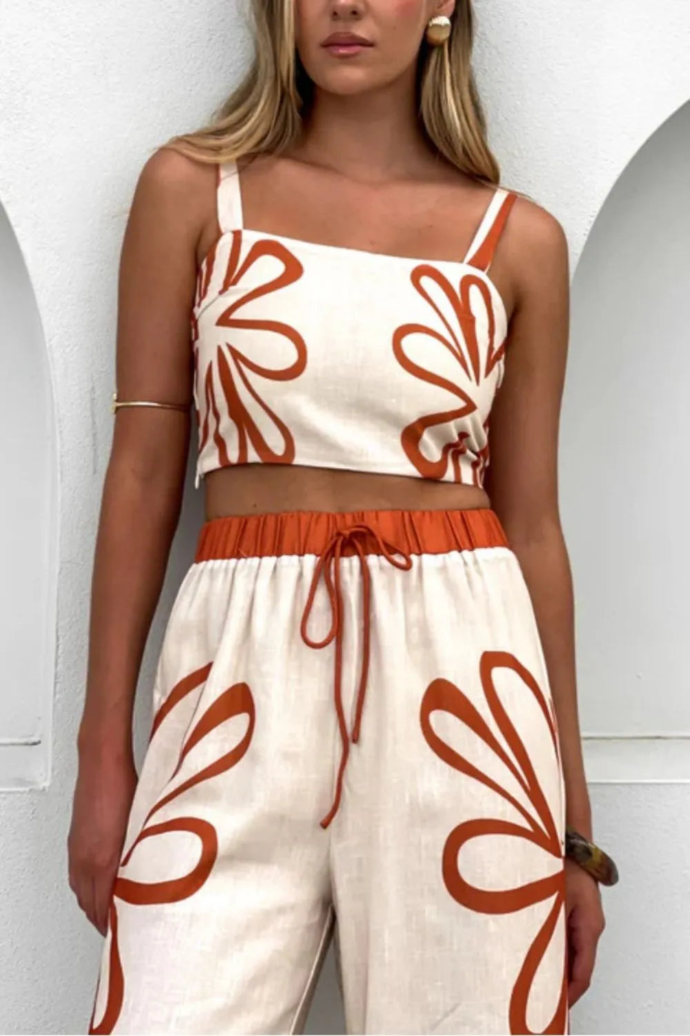 Smocked square-neck cami and pants two-piece set in cream with burnt-orange abstract prints