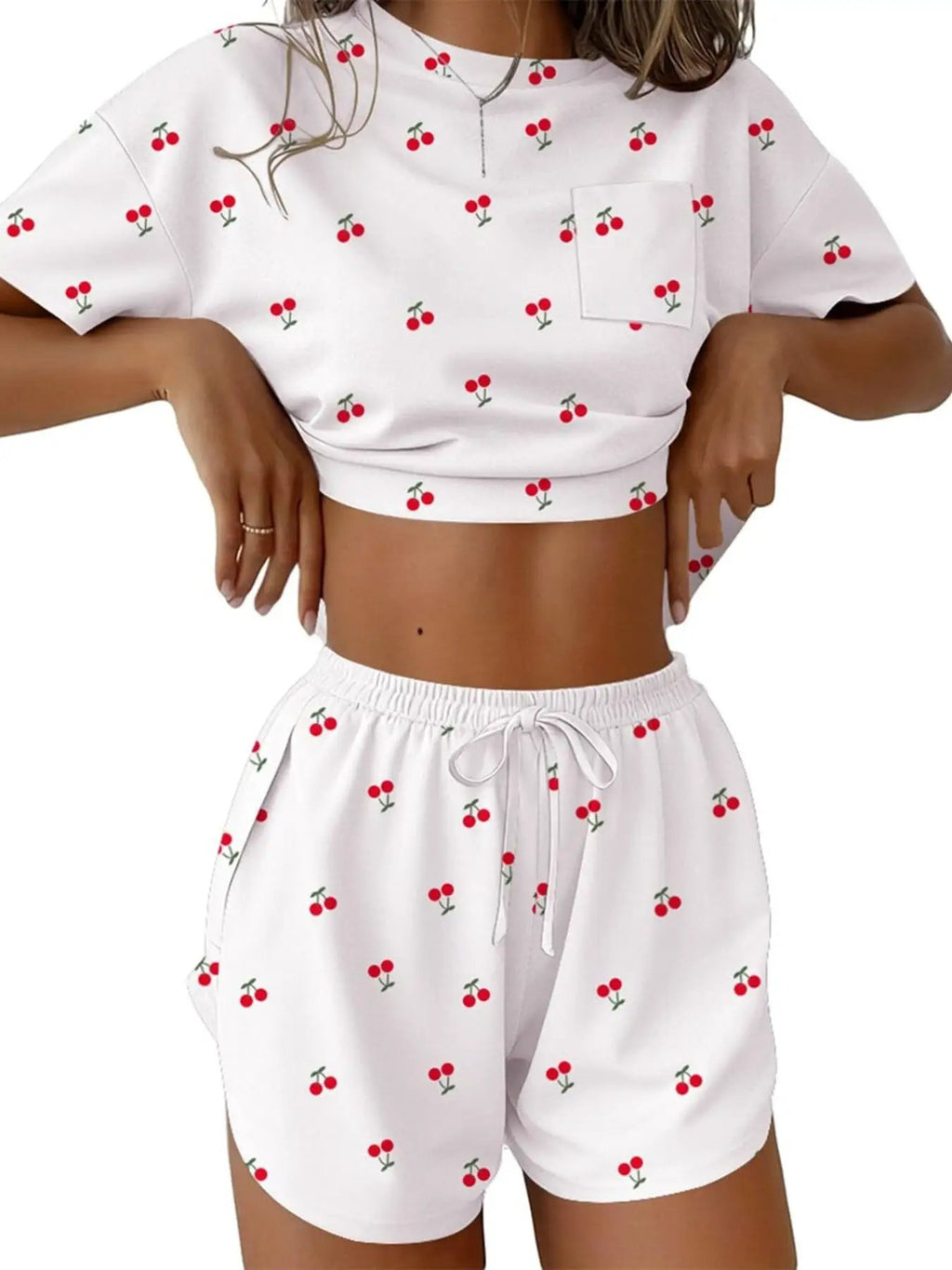 Printed Round Neck Tee and Shorts Set, white with red cherry print; two-piece drawstring shorts set