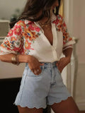 Floral Print Button Up Shirt by Belle Bijouix, white top with pink, orange and yellow flowers