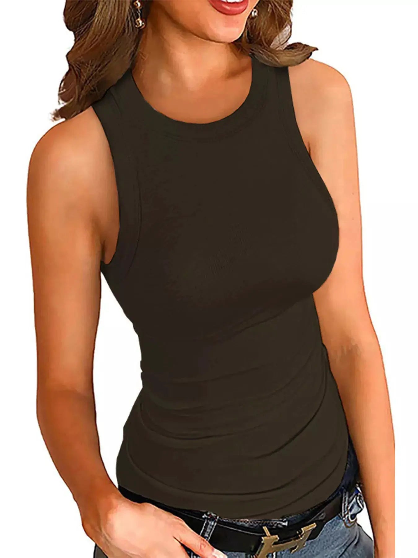 Plus-size ribbed round-neck tank top in dark olive green by Trendsi