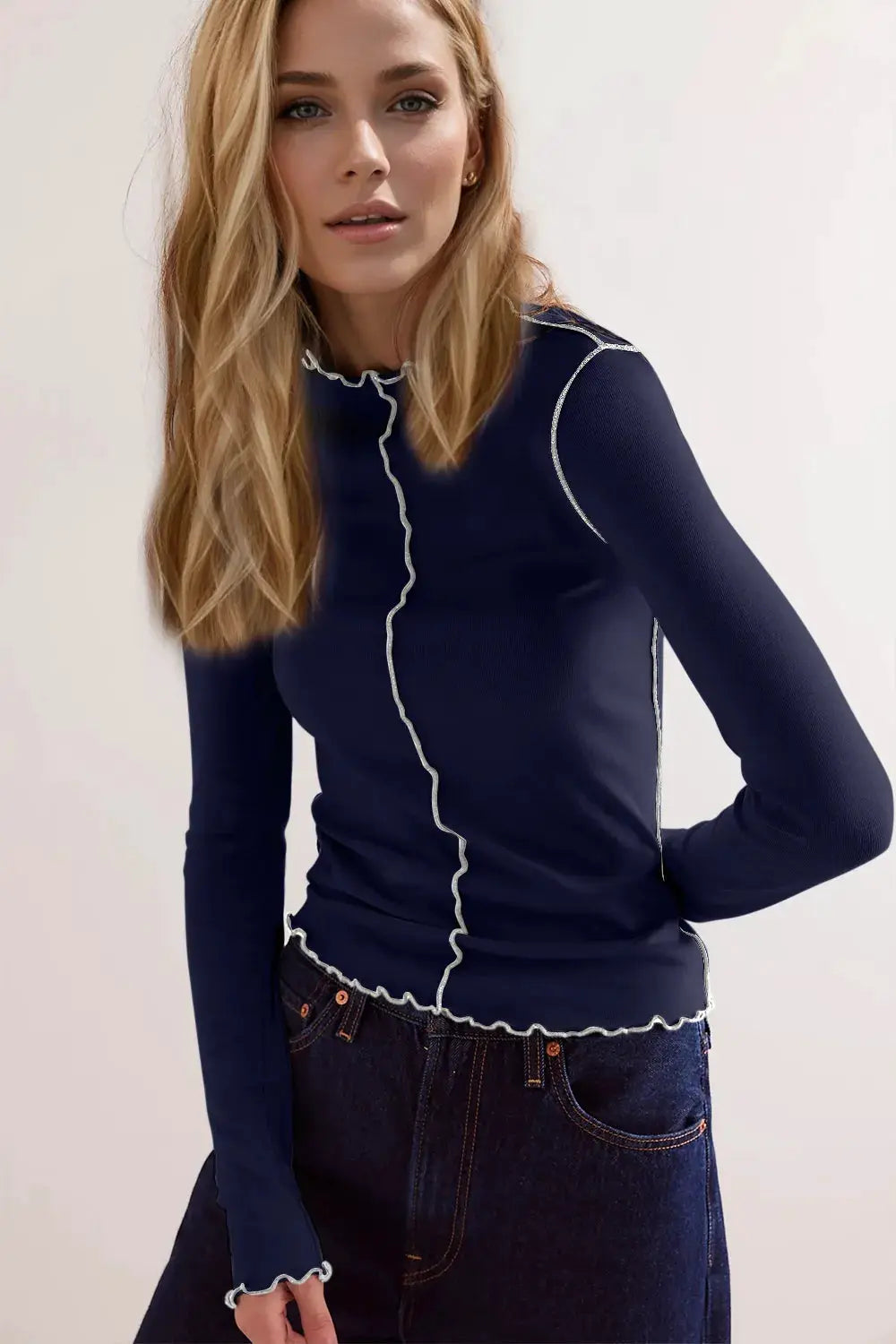 Basic Bae Contrast Trim Mock Neck Long Sleeve T-Shirt by Belle Bijouix, navy with white trim