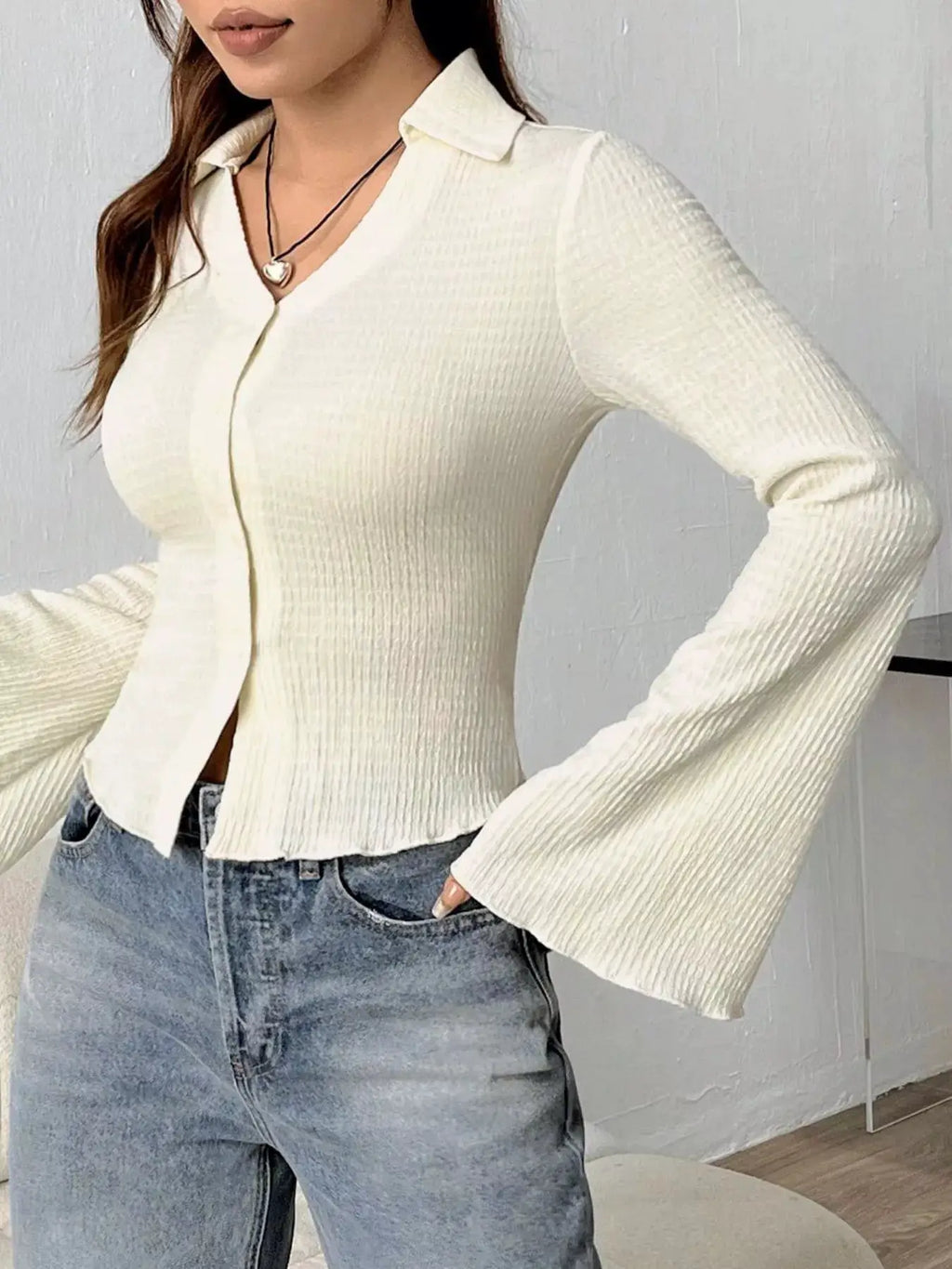 Button Up Flare Sleeve Shirt by Trendsi; cream ribbed knit with collared neck and buttoned front