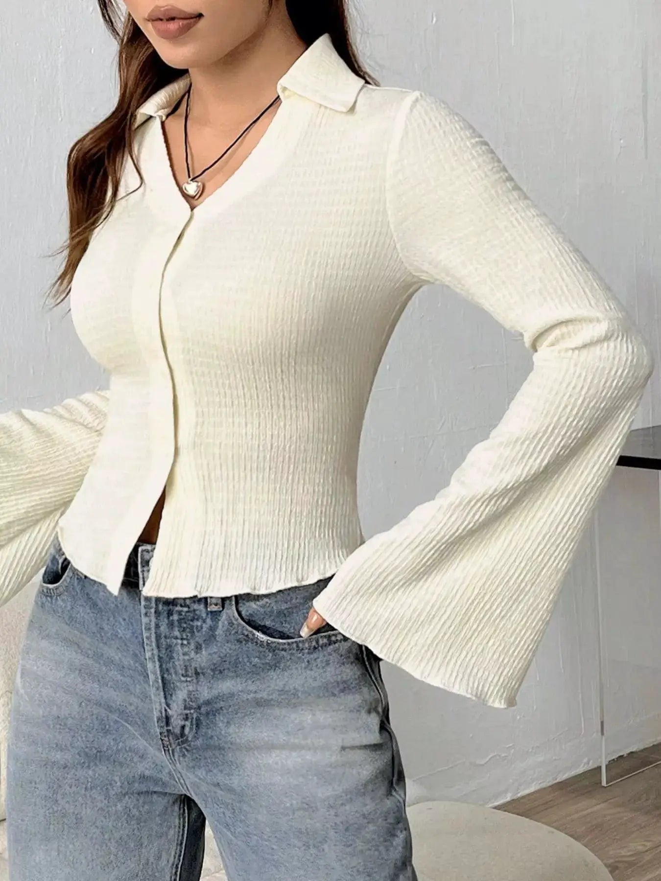 Button Up Flare Sleeve Shirt by Trendsi; cream ribbed knit with collared neck and buttoned front