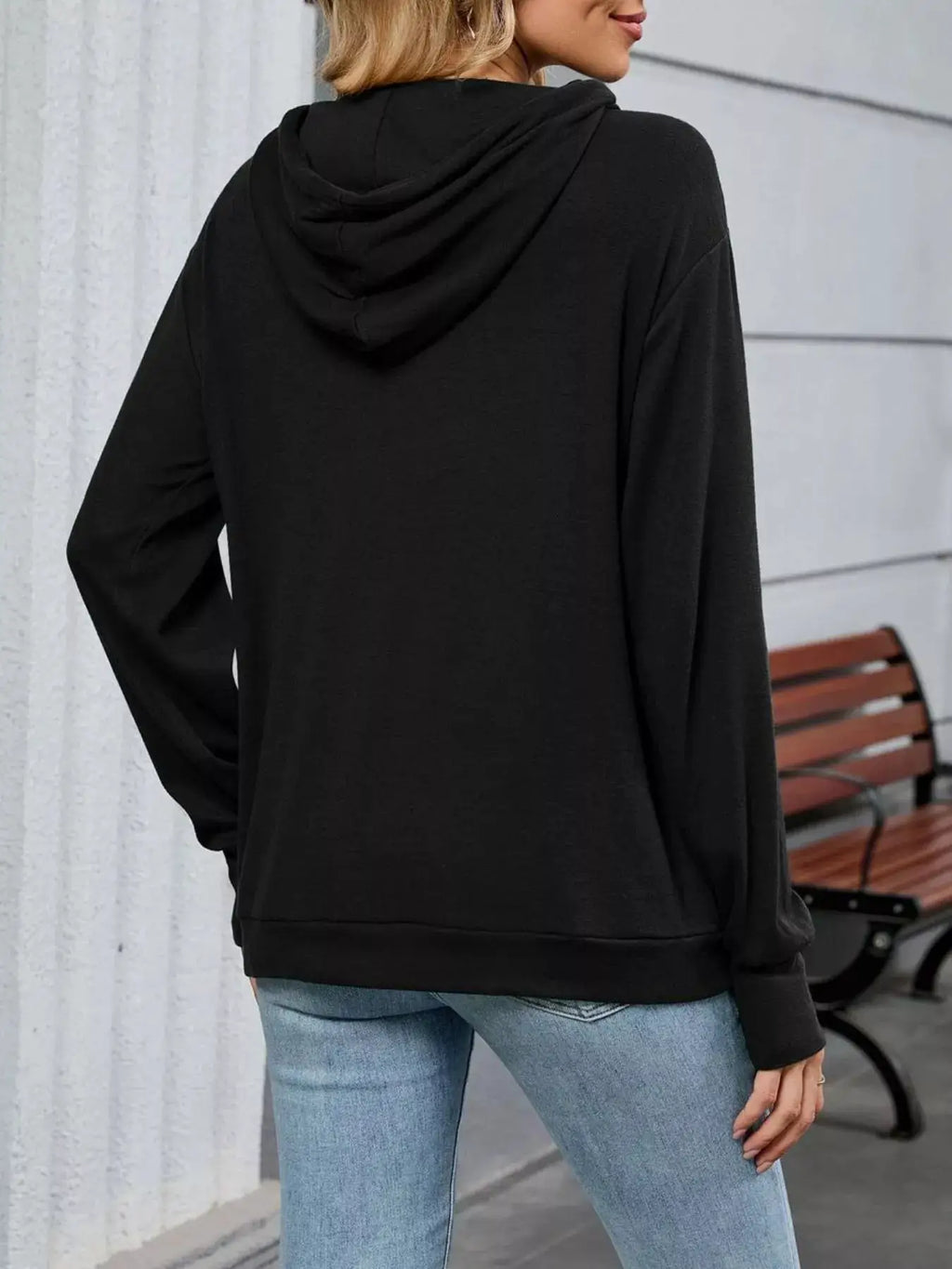 Letter Drawstring Long Sleeve Hoodie, black sweatshirt with hood, back view