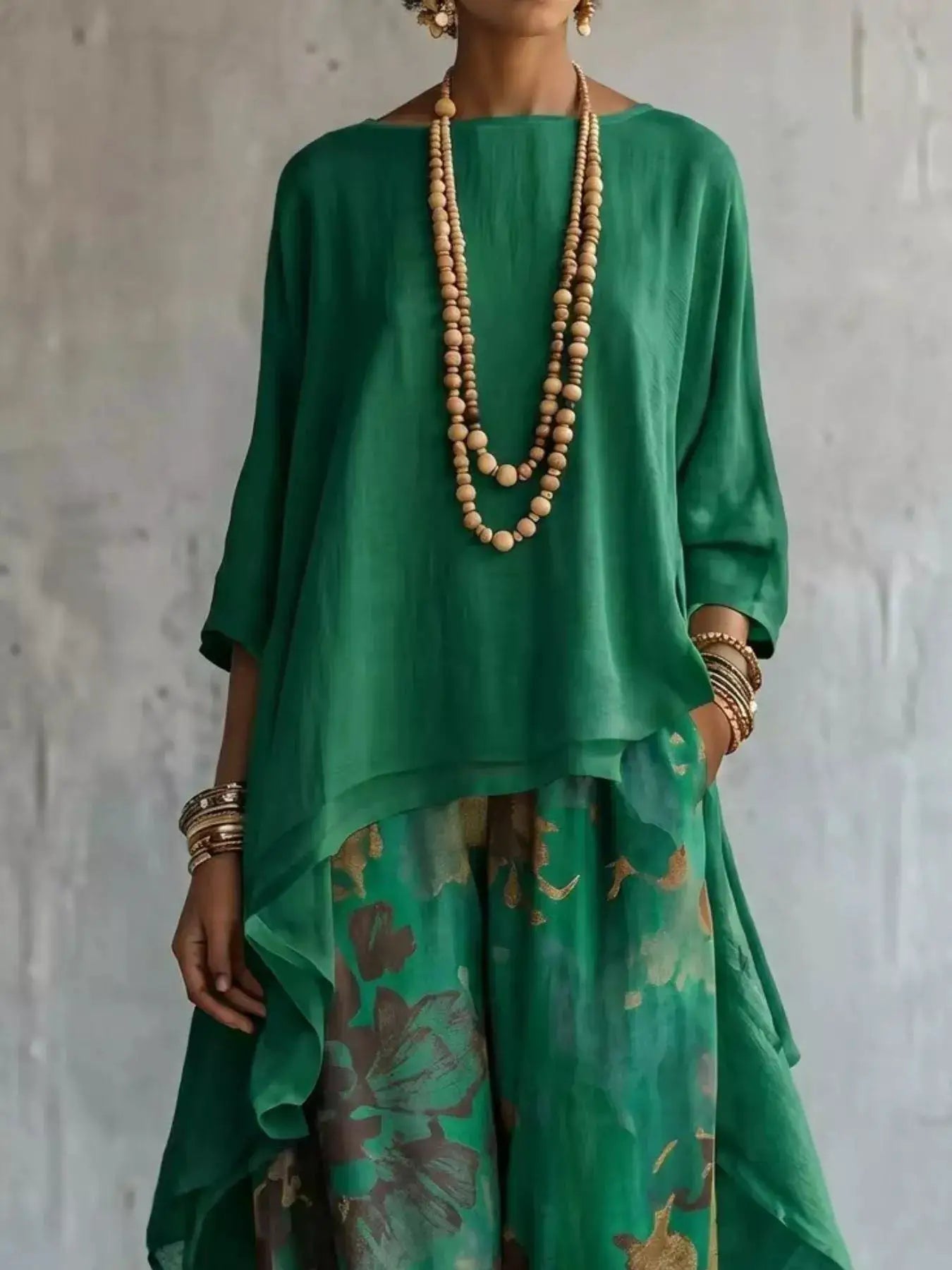 Asymmetrical Hem Top and Floral Pants Set in green with layered wooden bead necklaces