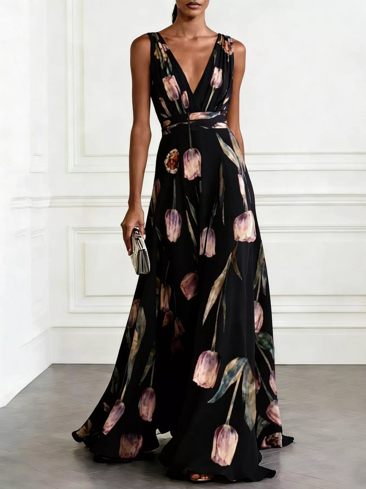 Sleeveless V-Neck Floral Maxi Dress in Black by Belle Bijouix – view 17 of 37