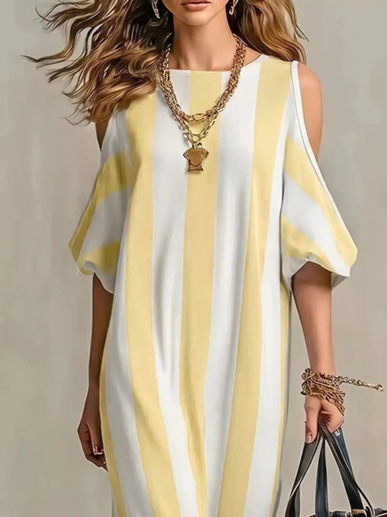 DRESSES Belle Bijouix striped cold-shoulder maxi dress in yellow and white with a side slit