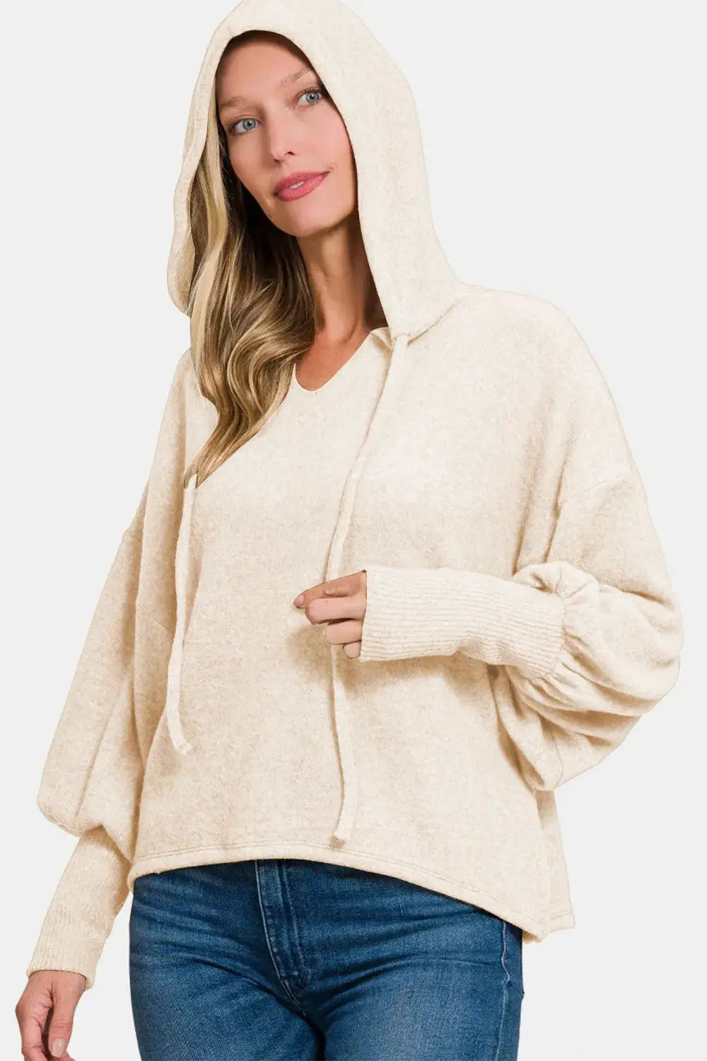 Zenana brushed hacci drop-shoulder cropped hoodie in cream