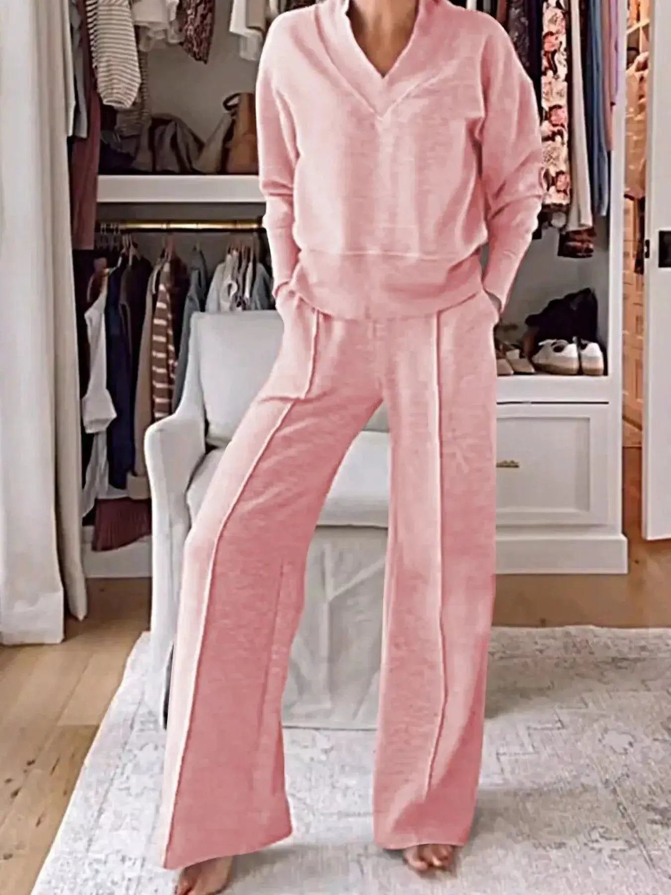 Full Size Cozy V-Neck Top and Pants Set Plus Size pink velour loungewear with pockets by Belle Bijouix