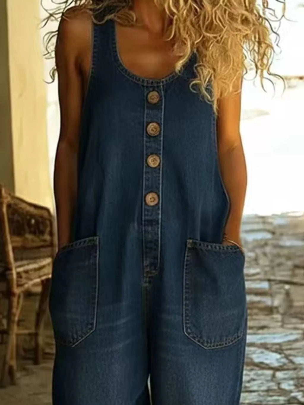 Plus-size denim jumpsuit with wide straps, button-front closure, and front pockets
