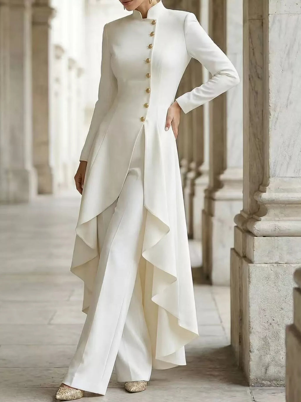 Ruffled High-Low Button Tunic & Wide-Leg Pants Set in White by Belle Bijouix – view 5 of 82