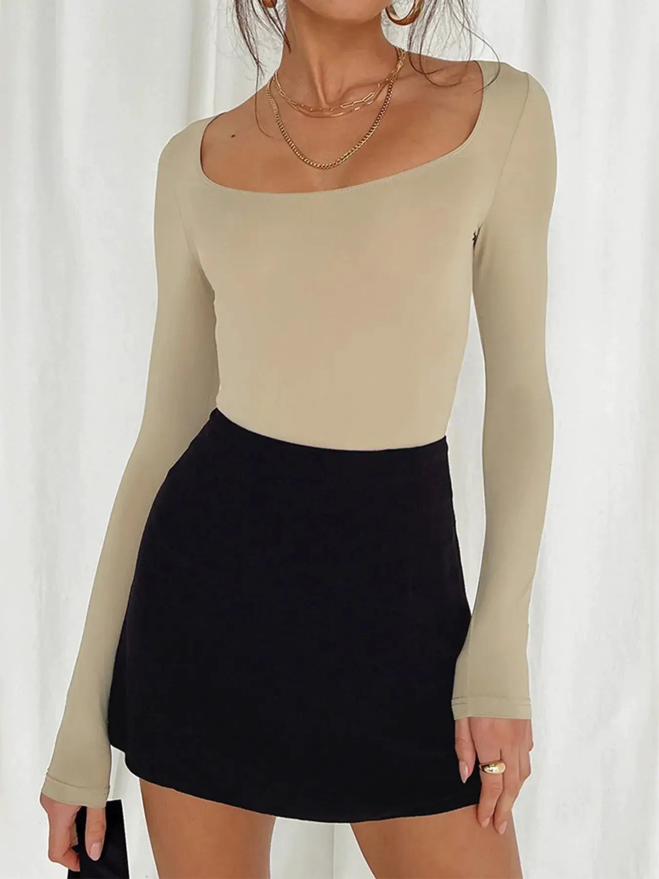 Belle Bijouix long-sleeve scoop neck fitted T-shirt, beige top
