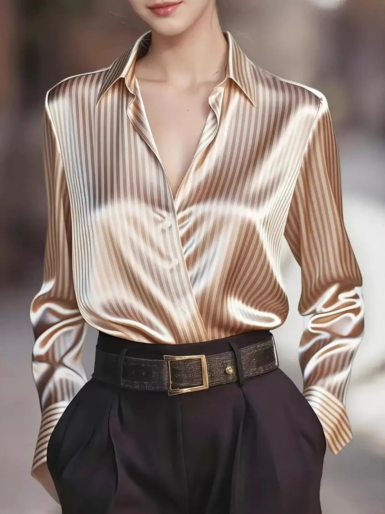 Striped satin long-sleeve shirt in beige and brown