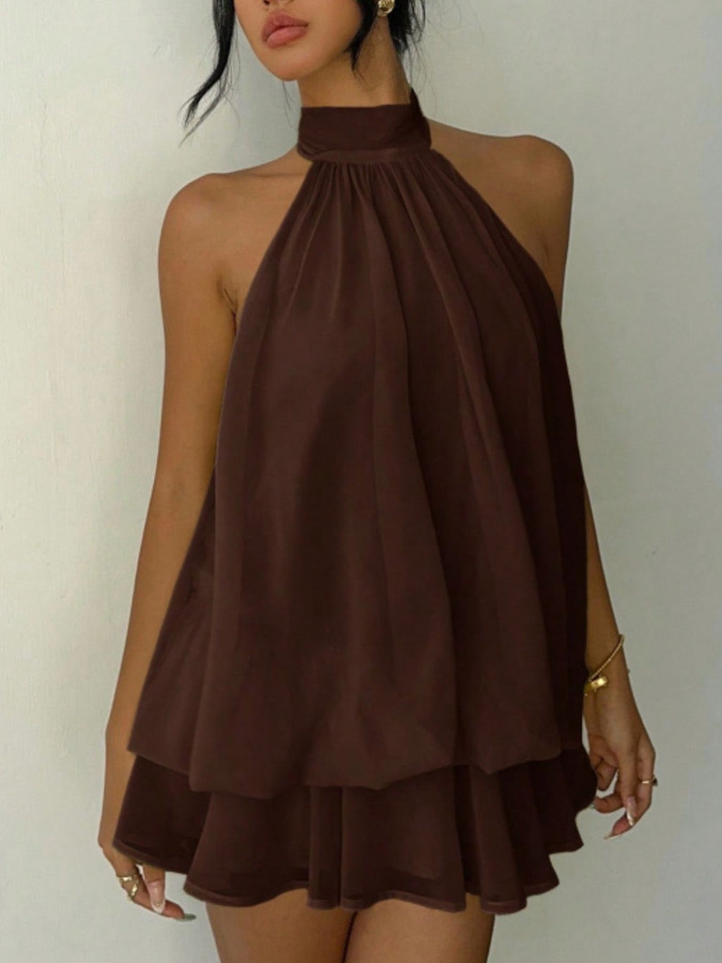 Halter Neck Layered Mini Dress by Bellebijouix in brown; tiered and tied design.