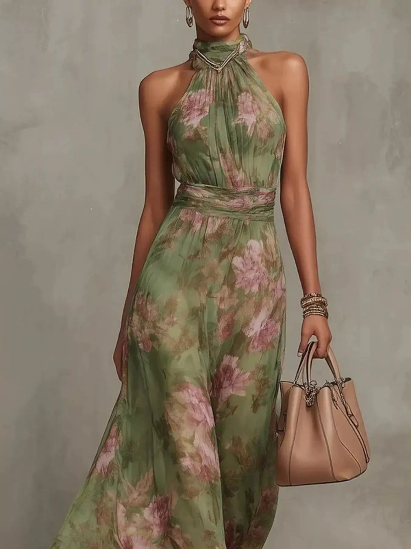 Full Size Floral Print Halter-Neck Sleeveless Maxi Dress, green with pink blooms, plus size