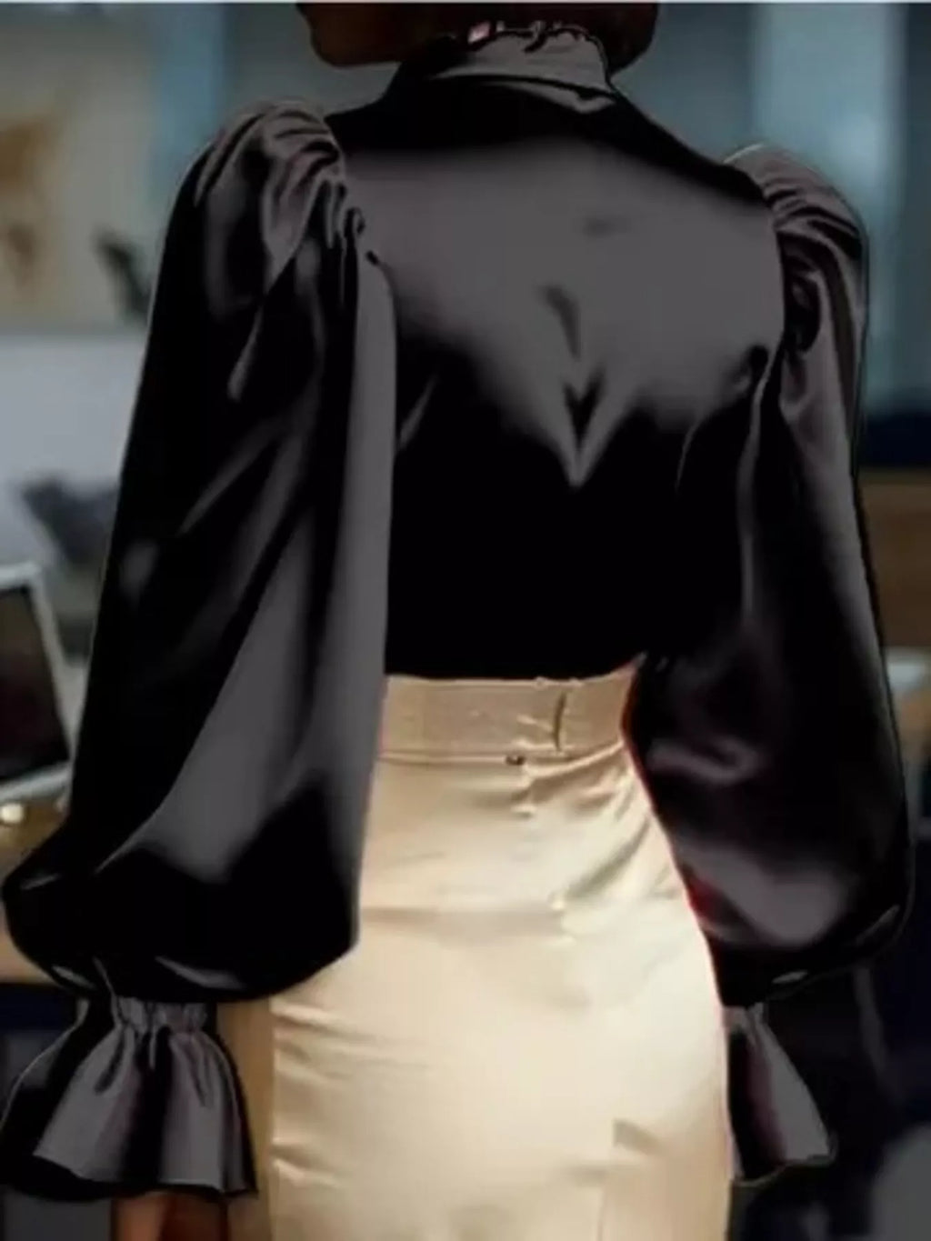 Satin Button Up Flounce Sleeve Shirt, black with voluminous puff sleeves