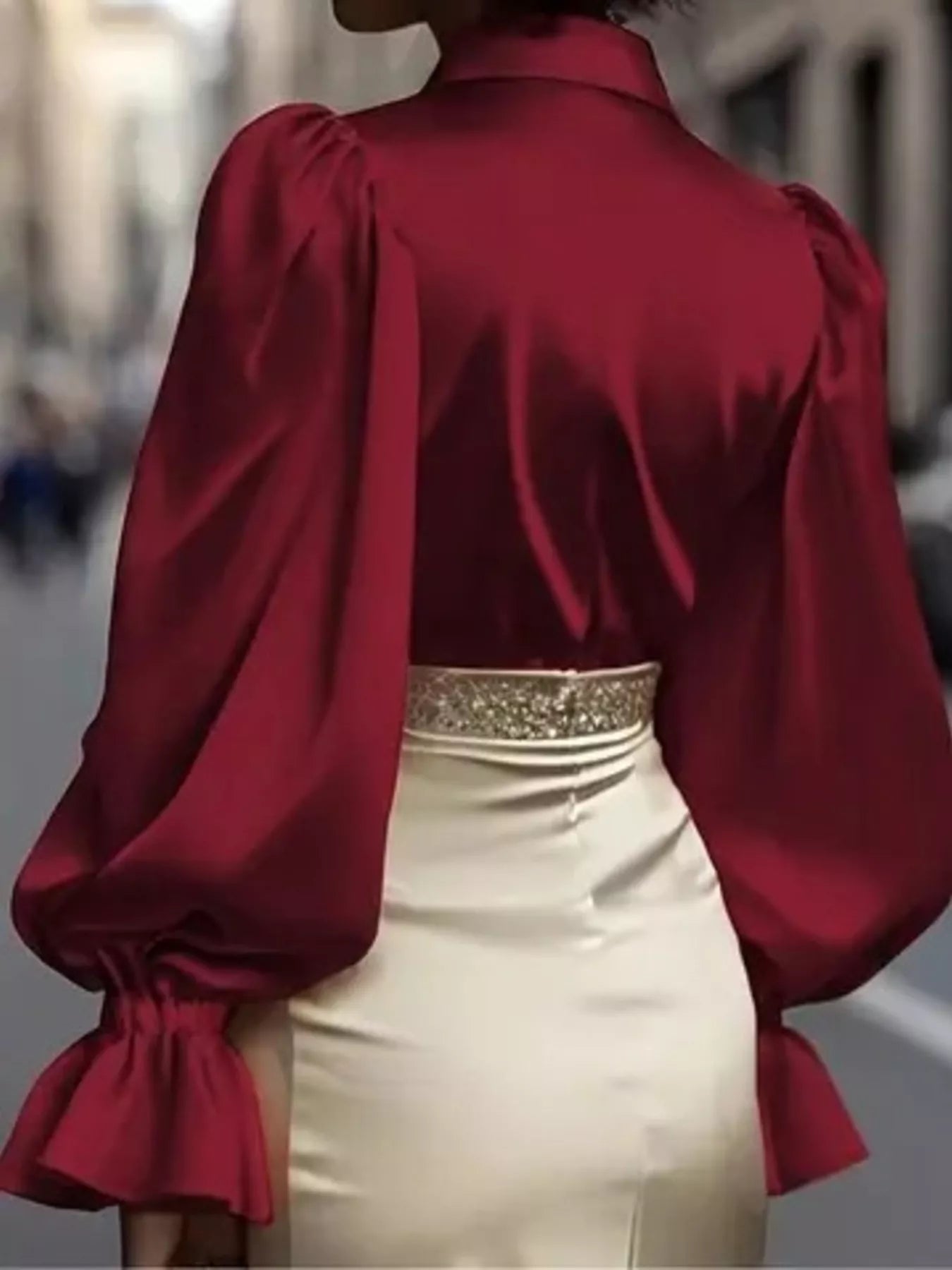 Satin Button Up Flounce Sleeve Shirt, burgundy; ruched, puff sleeves
