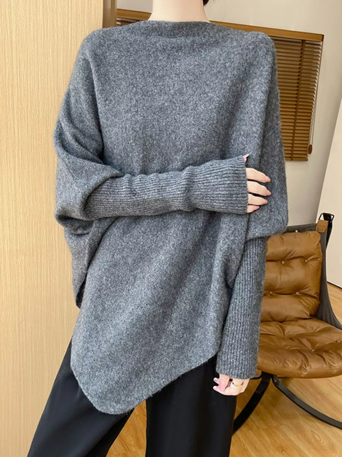 Oversized Asymmetric Wool Batwing Sweater in Dark Gray by Belle Bijouix – view 14 of 24