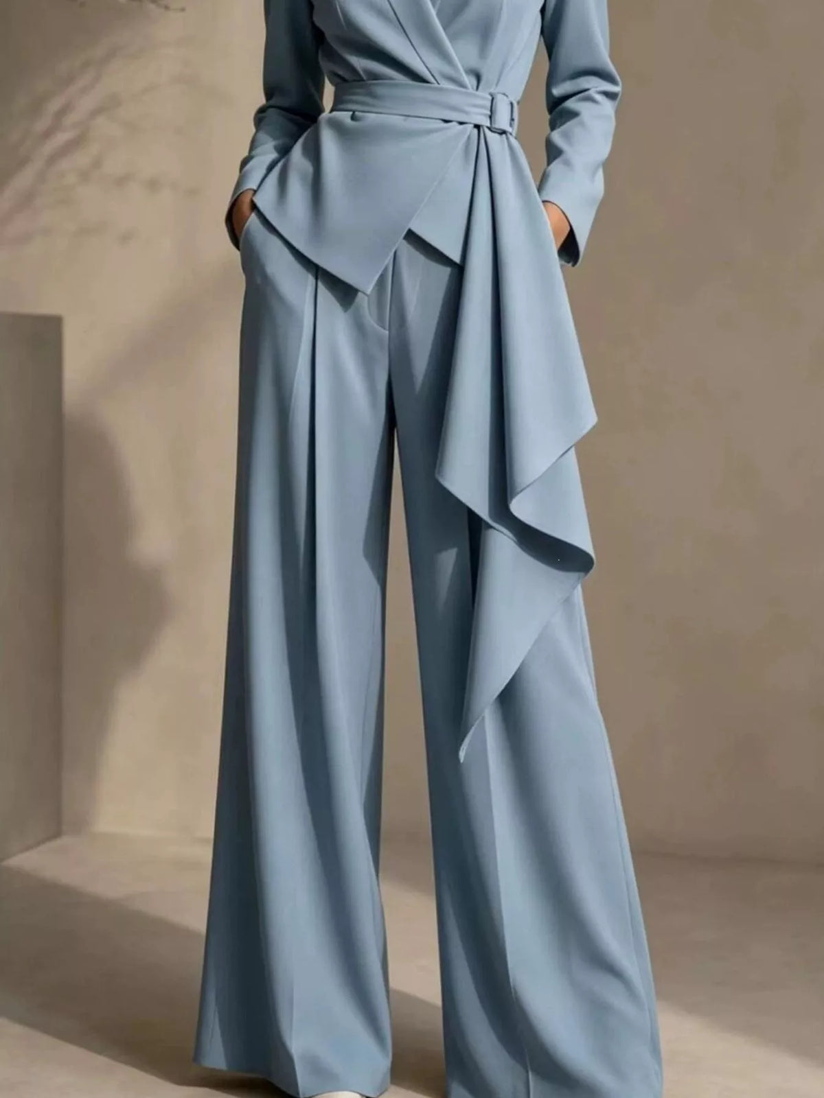 Belted Blazer and Wide-Leg Pants Set