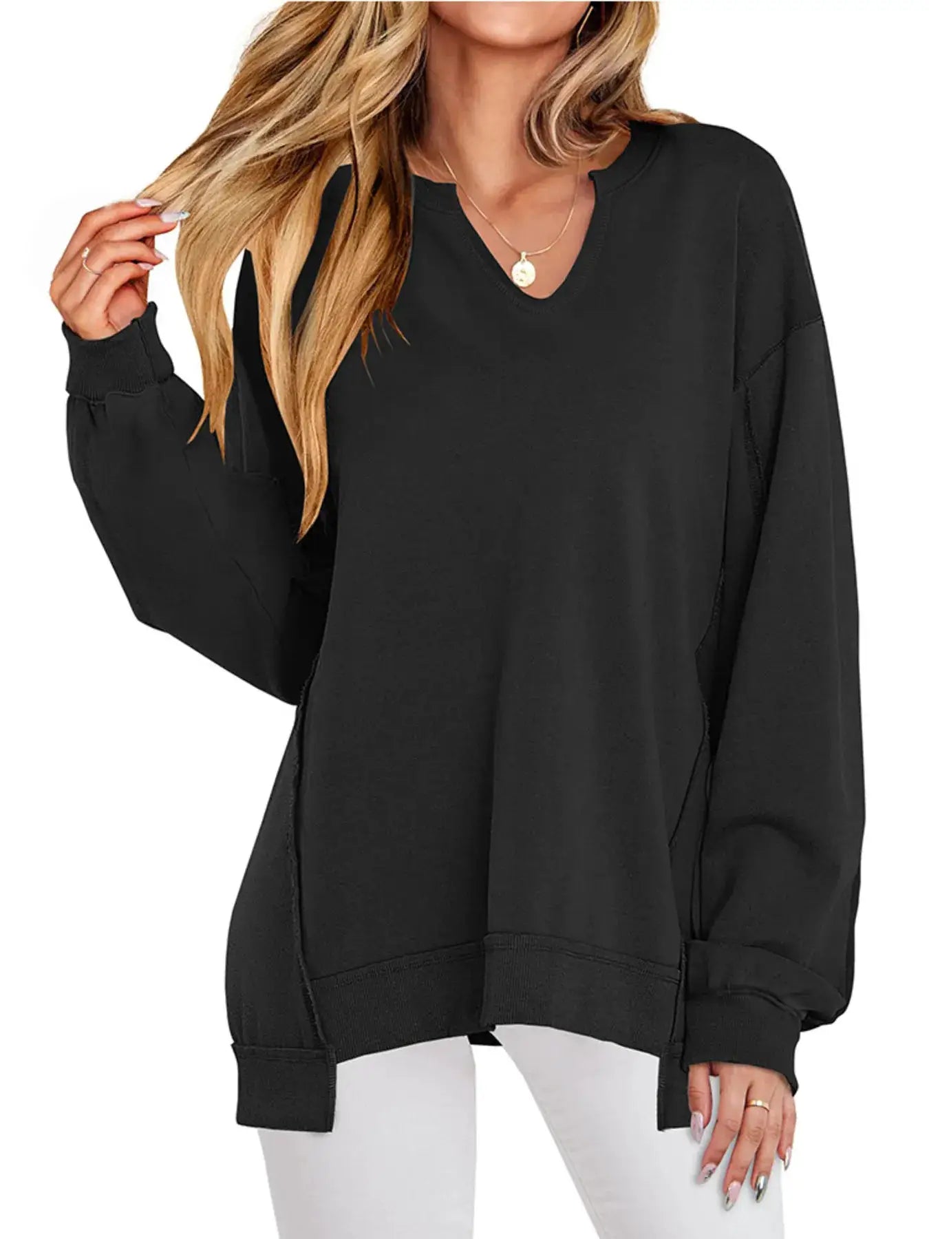 Notched Long Sleeve Oversized Sweatshirt, black, Belle Bijouix top