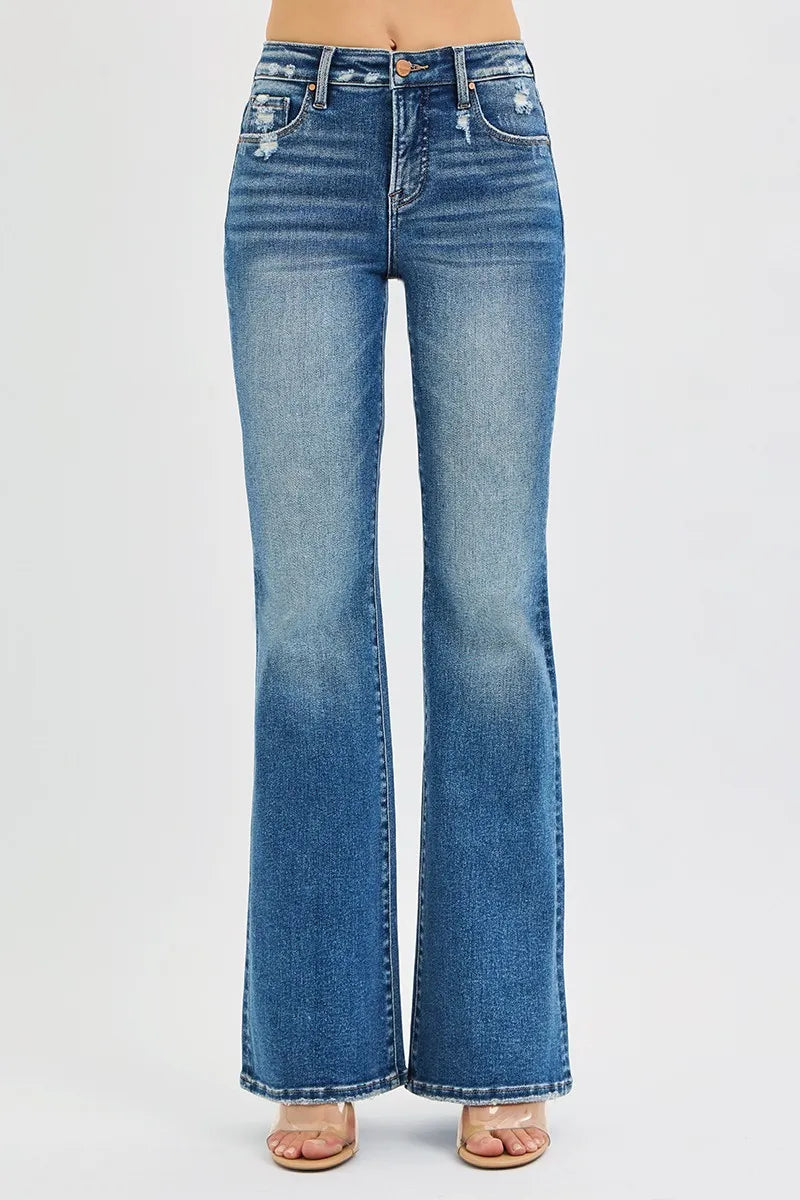 RISEN full-size tummy-control high-rise flare jeans, blue denim with distressed detailing, plus-size