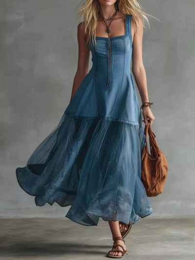 Sleeveless Tulle Patchwork Denim Dress