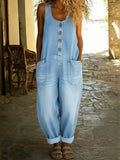 Trendsi plus-size light-blue denim jumpsuit with wide straps, button-down front, front pockets, cuffed hem