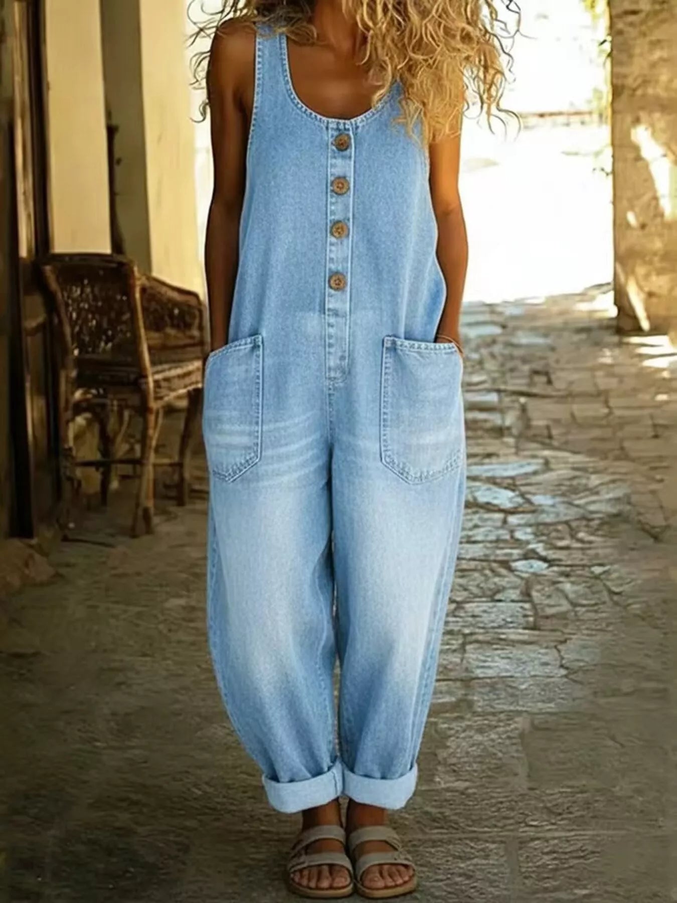 Trendsi plus-size light-blue denim jumpsuit with wide straps, button-down front, front pockets, cuffed hem