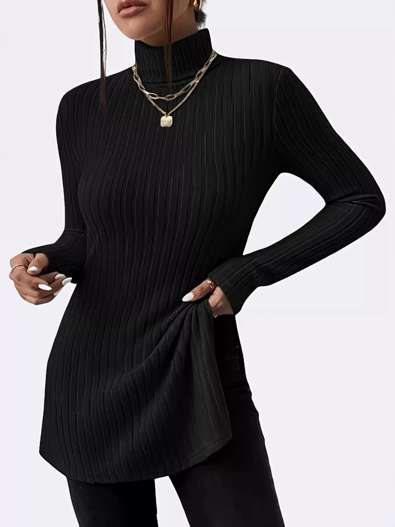Plus Size Slit Ribbed Turtleneck Long Sleeve Top in black with ribbed knit