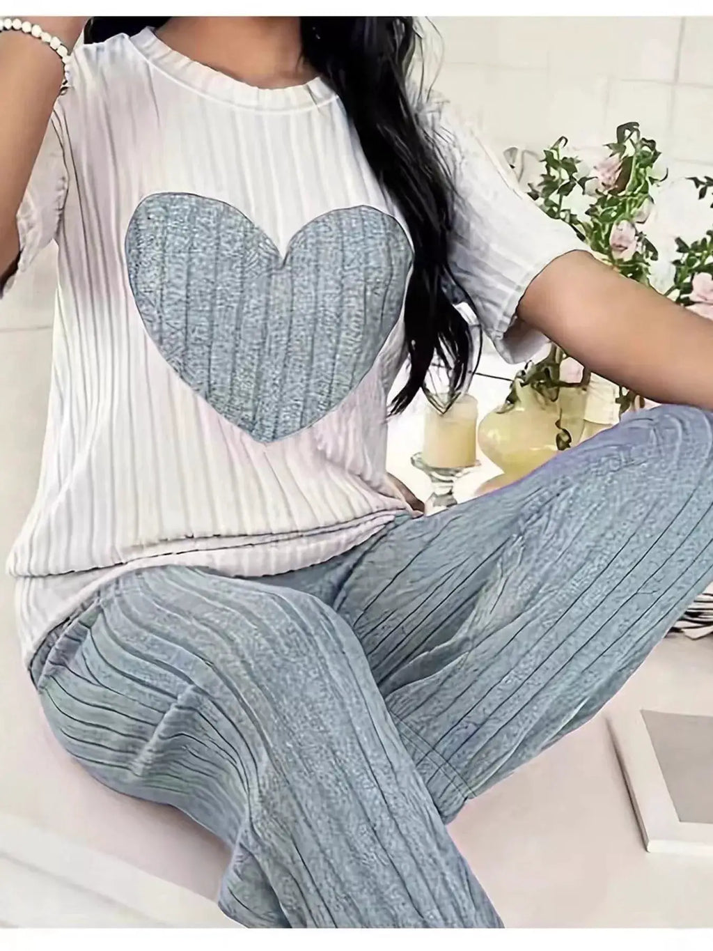 Heart ribbed knit lounge set with white top featuring a blue heart and light-blue pants from Belle Bijouix