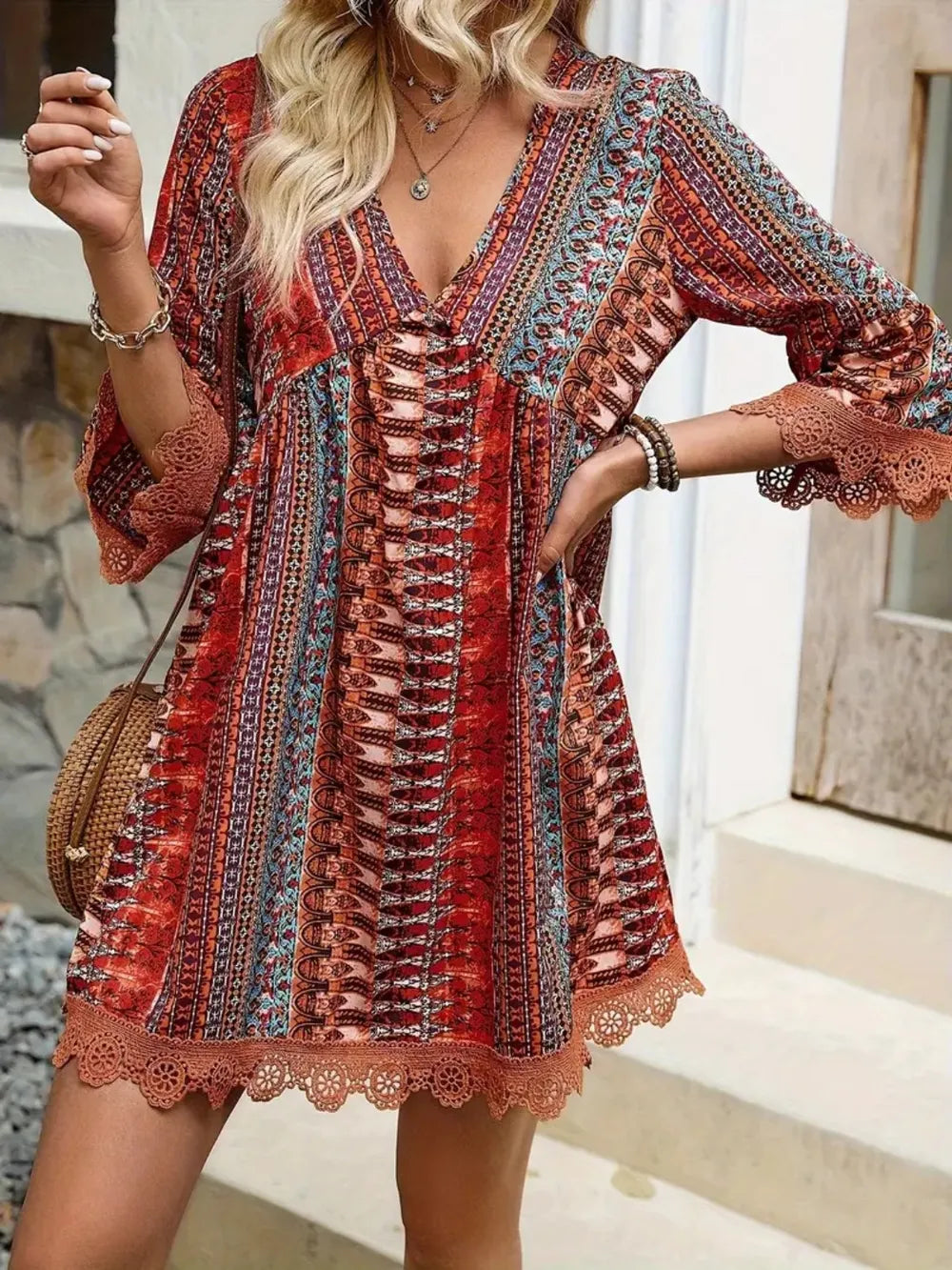 Dress Belle Bijouix printed red boho dress with V-neck, 3/4 sleeves, and lace trim hem