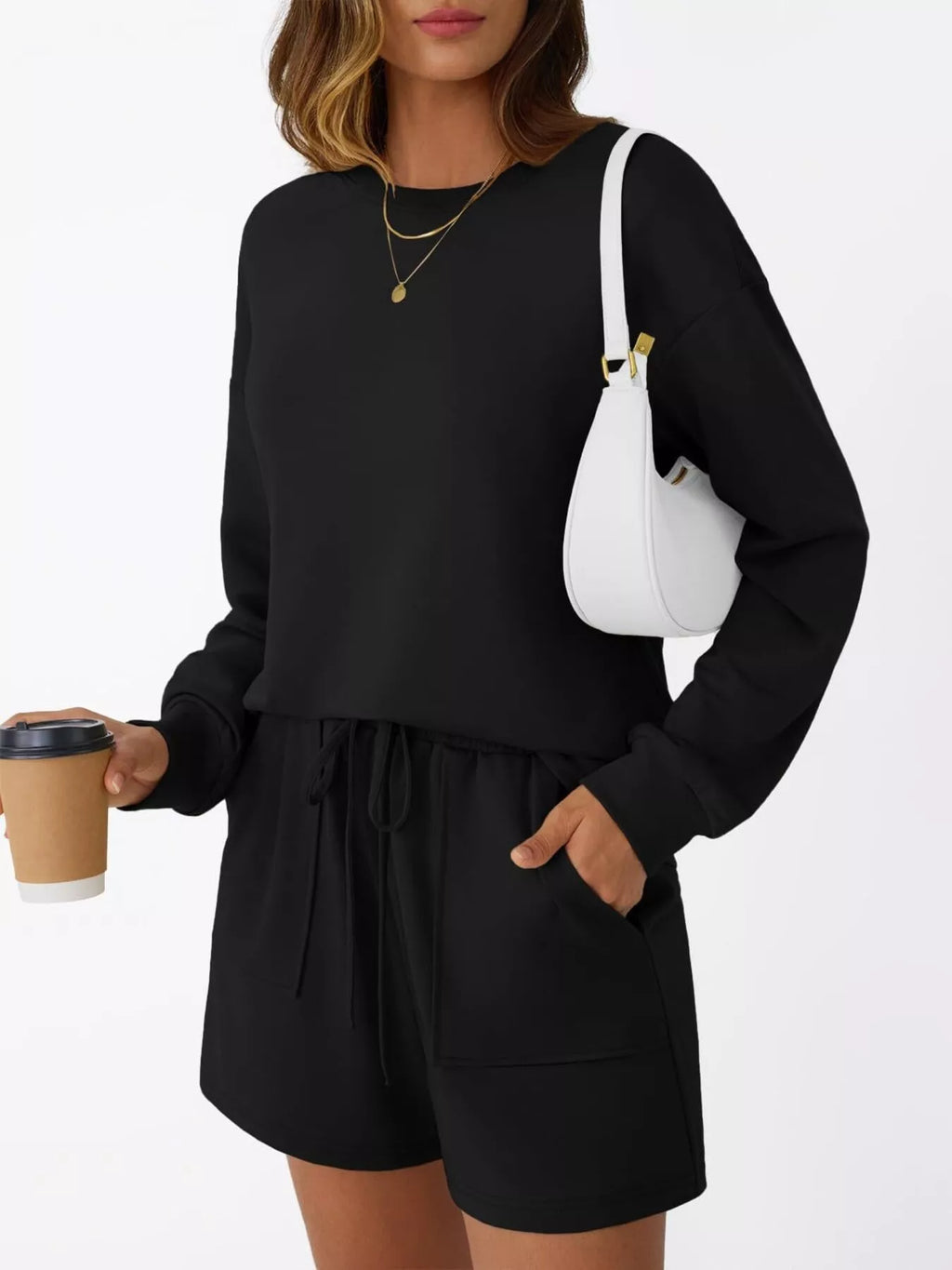 Round Neck Long Sleeve Top and Shorts Set, black activewear with drawstring waist and pockets