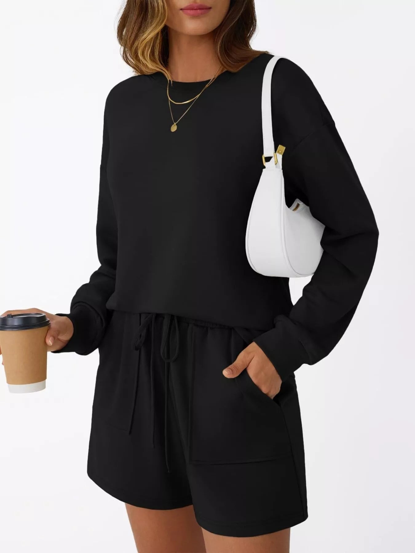 Round Neck Long Sleeve Top and Shorts Set, black activewear with drawstring waist and pockets