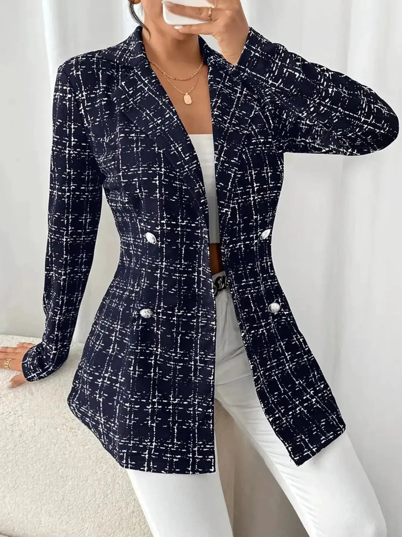 Tweed Double-Breasted Blazer by Belle Bijouix – navy with white grid pattern and silver buttons.