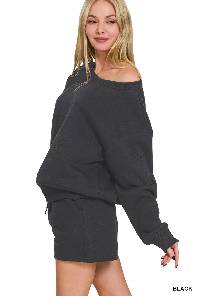 Zenana fleece boat-neck sweatshirt and shorts set in black; cozy activewear for lounging.