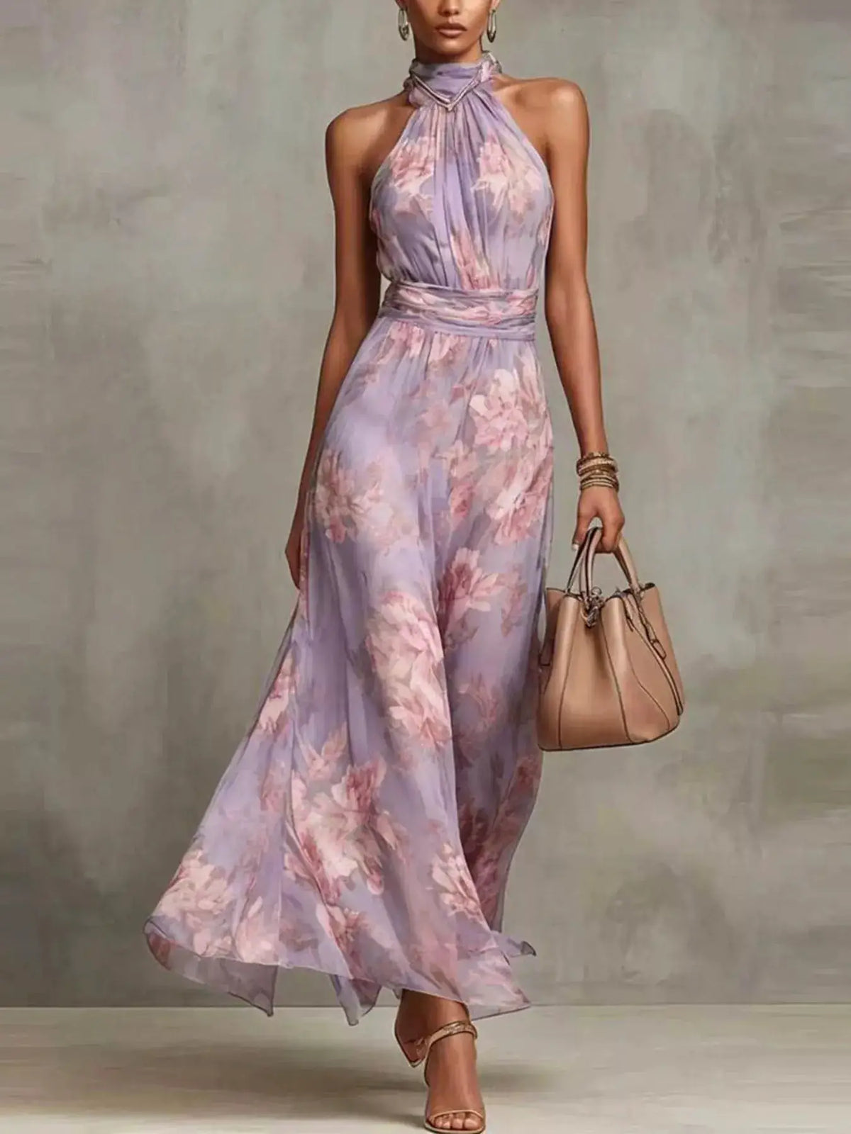 full-size lavender floral print sleeveless halter maxi dress with wrapped waist, plus size