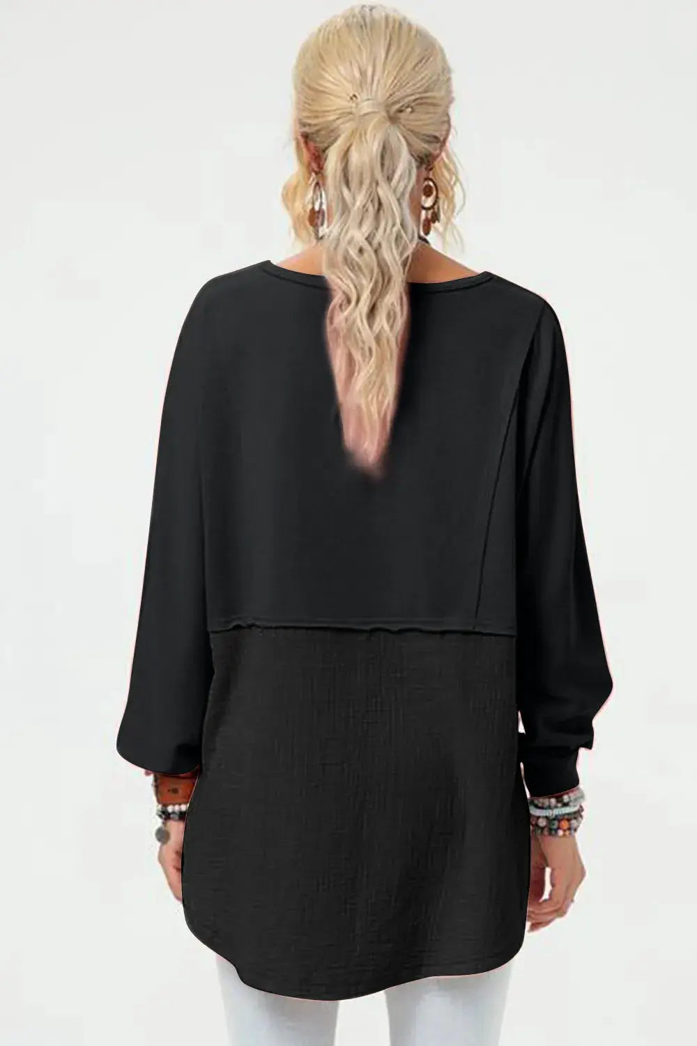 Double Take Full Size Long Sleeve High-Low T-Shirt in black with back slit