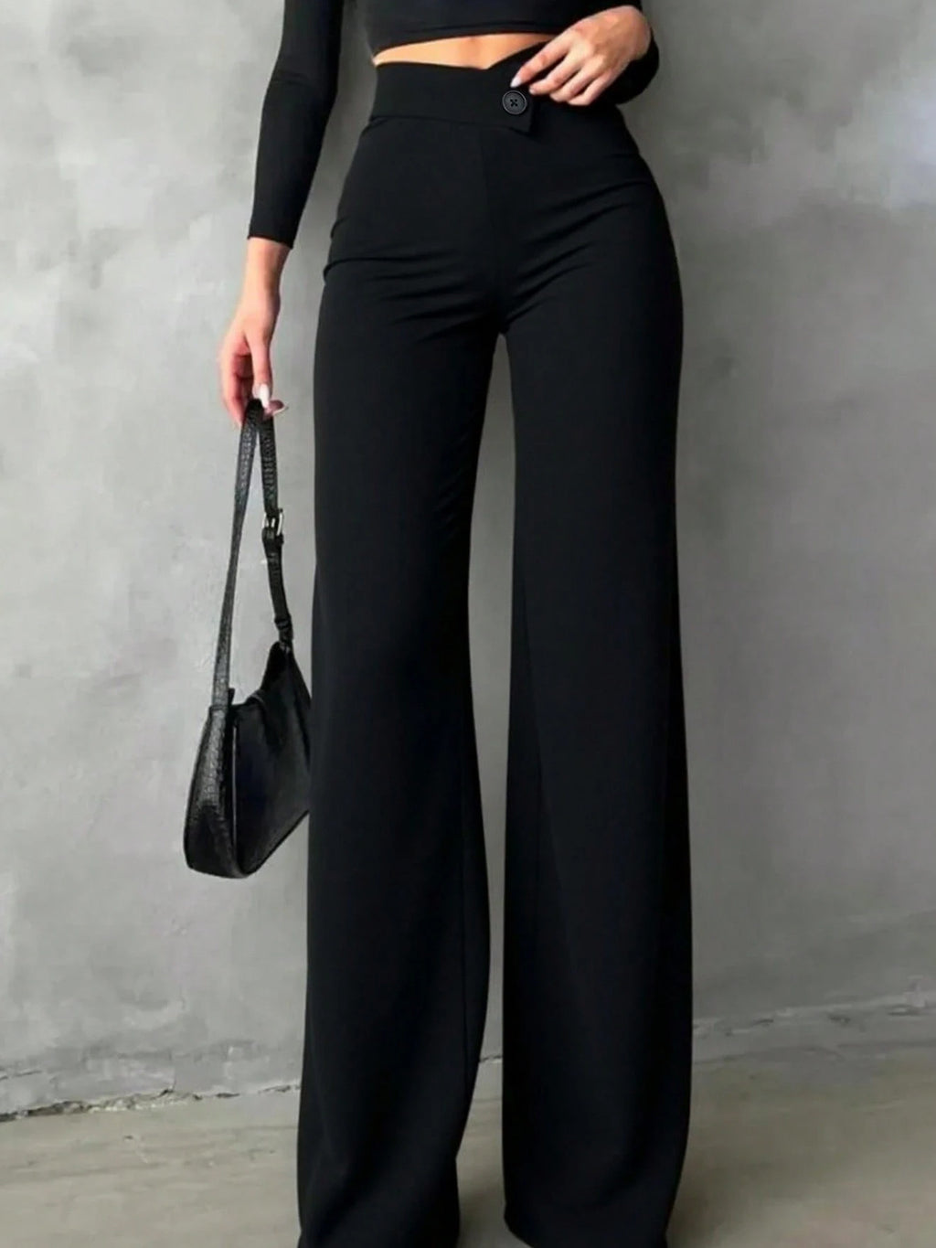 High Waist Wide-Leg Pants in black with belted waist and button detail