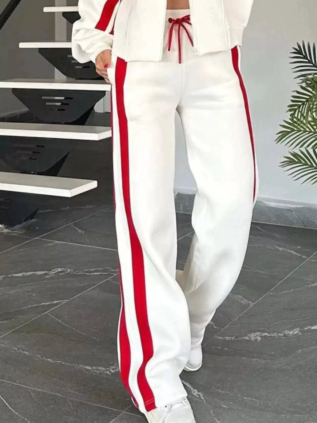 Plus-size white zip-up striped outerwear and pants set with red side stripes, activewear
