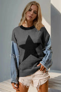 Double Take Full Size Star Pattern Raw Edge Long Sleeve Sweater; gray knit with large black star, raw-edge sleeves
