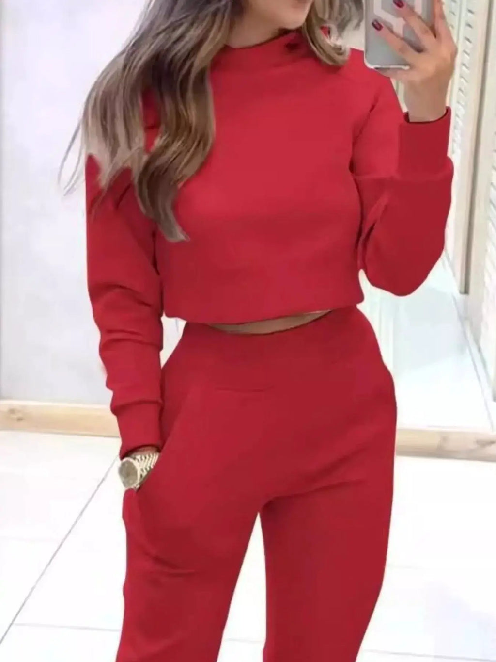 Casual Chic Cropped Sweatshirt and Jogger Set, red loungewear with pockets