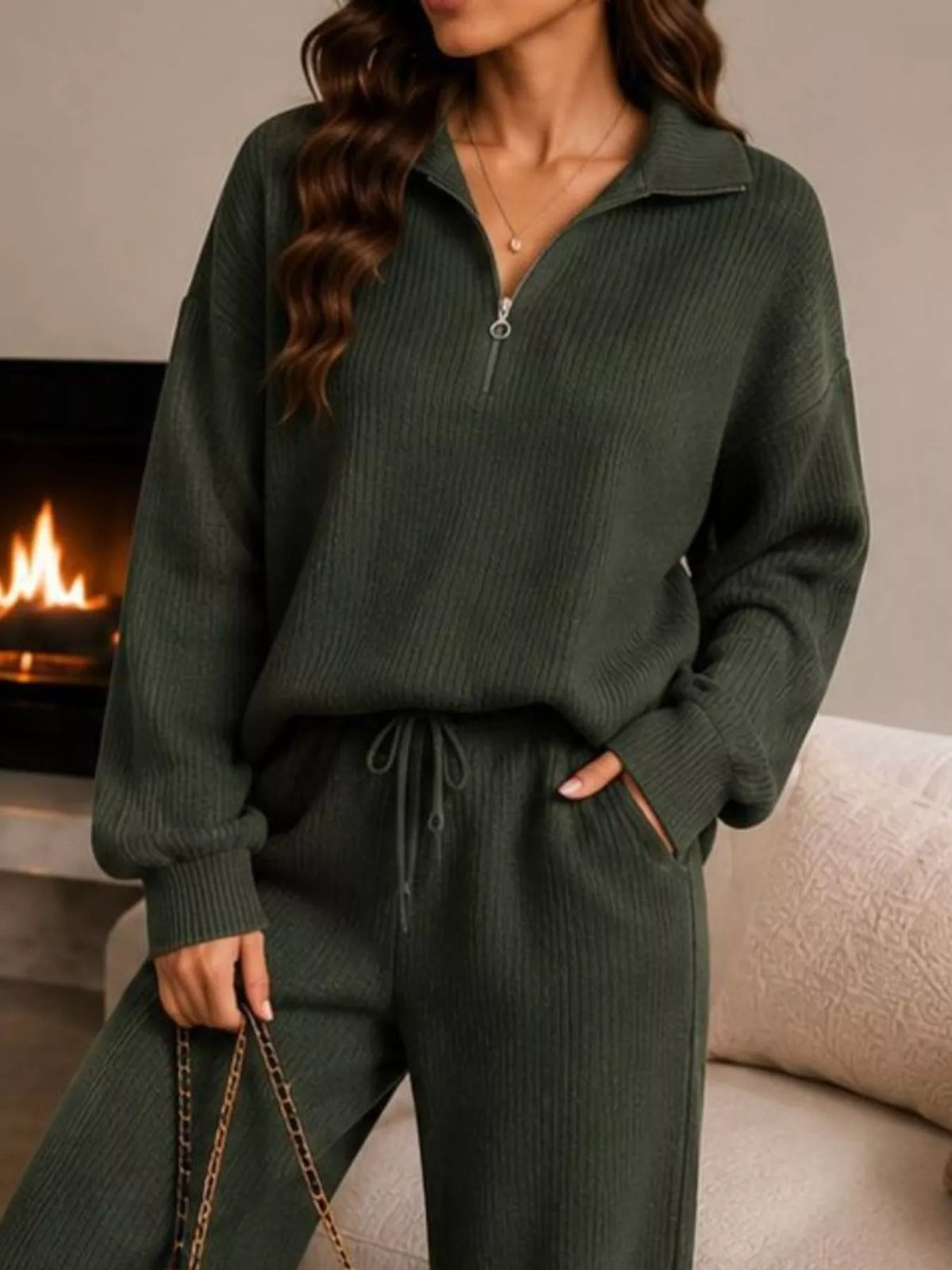 Ribbed Knit Quarter-Zip & Wide-Leg Pants Set by Belle Bijouix – view 16 of 16
