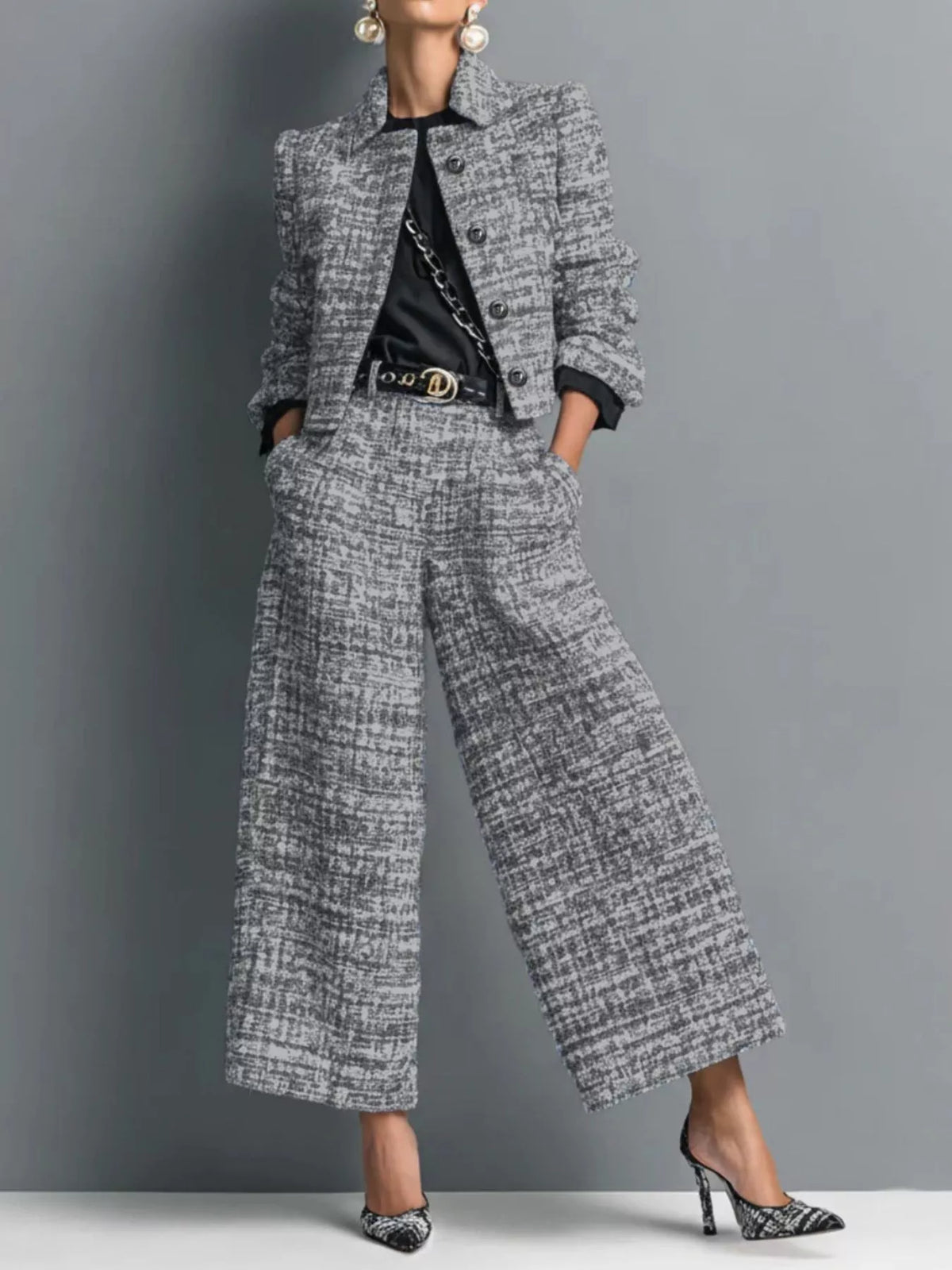Tweed Cropped Jacket & Wide-Leg Pants Set by Belle Bijouix – view 6 of 7