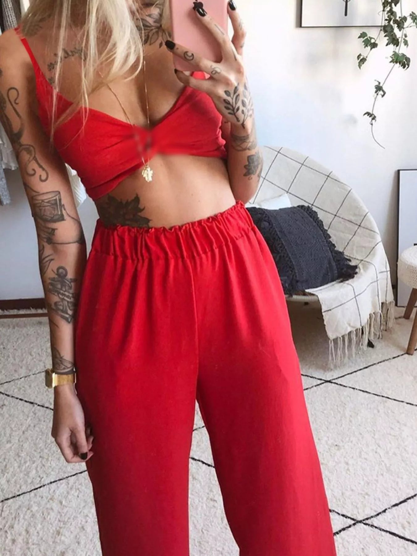 Boho red butterfly-print top and pants set with a cropped top and elastic-waist wide-leg pants.