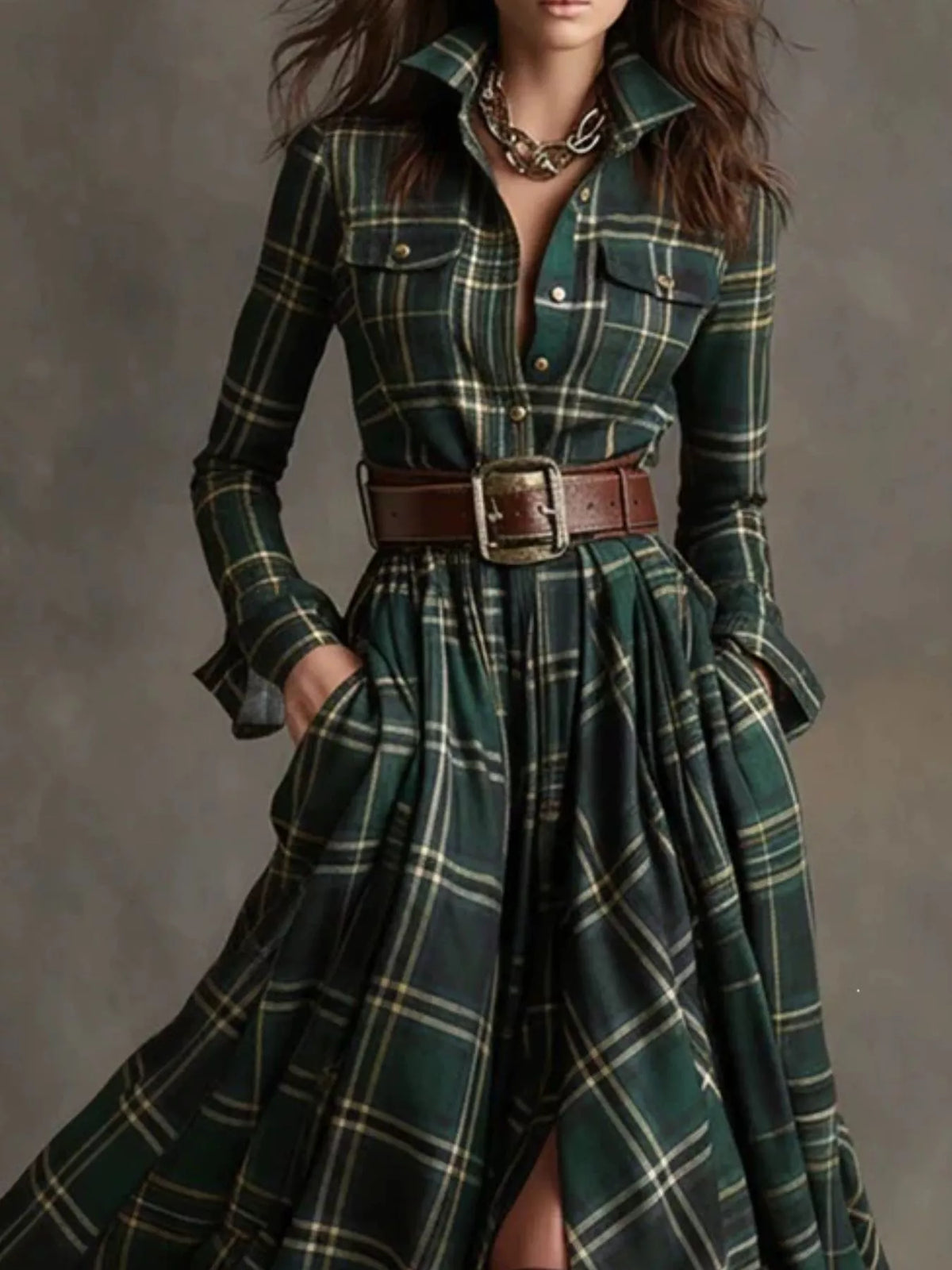 Belted Plaid Button-Down Maxi Shirt Dress in Green Plaid by Belle Bijouix – view 4 of 27
