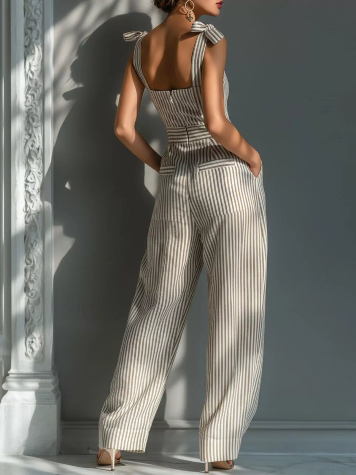 Khaki striped wide-leg jumpsuit with tie-shoulder detail - side view