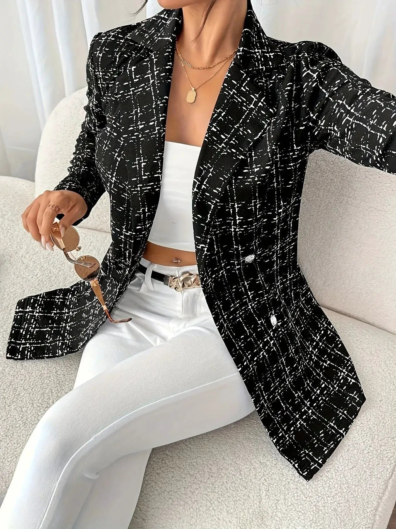 Tweed double-breasted blazer by Belle Bijouix, black-and-white sport jacket