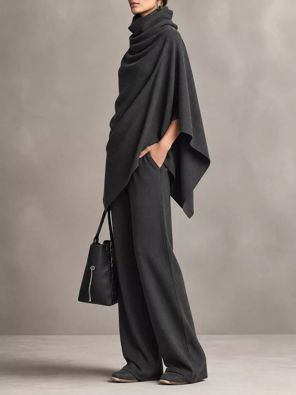 Turtleneck Poncho & Wide-Leg Pants Set in Charcoal Gray by Belle Bijouix – view 3 of 24