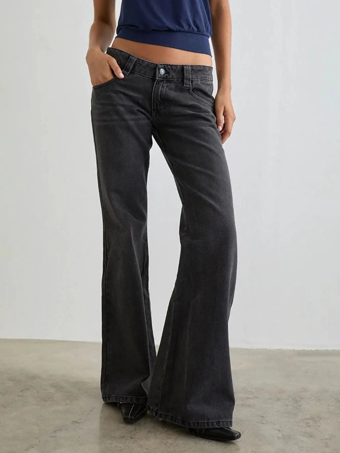 Belle Bijouix Low Rise Flare Leg Jeans, dark denim with pockets and button closure